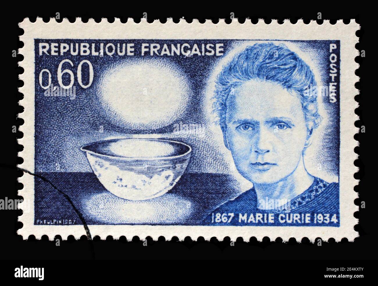 In Frankreich gedruckte Briefmarke zeigt Marie Sklodowska Curie (1867-1934), Schale mit Radium, Physiker und Chemiker, 1967 Stockfoto