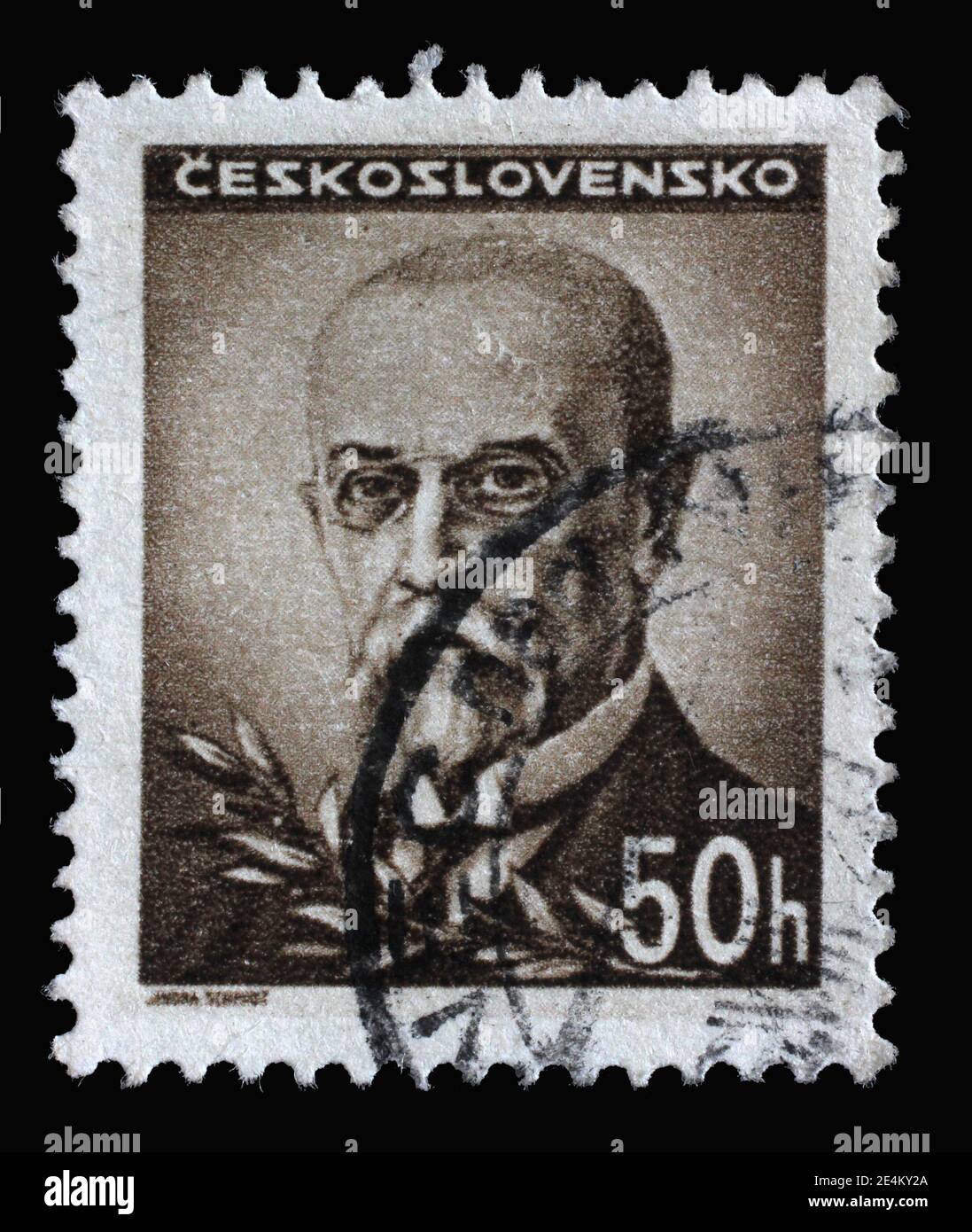 Die in der Tschechoslowakei gedruckte Briefmarke zeigt den ersten Präsidenten der Tschechoslowakei - Thomas Garrigue Masaryk, um 1945 Stockfoto