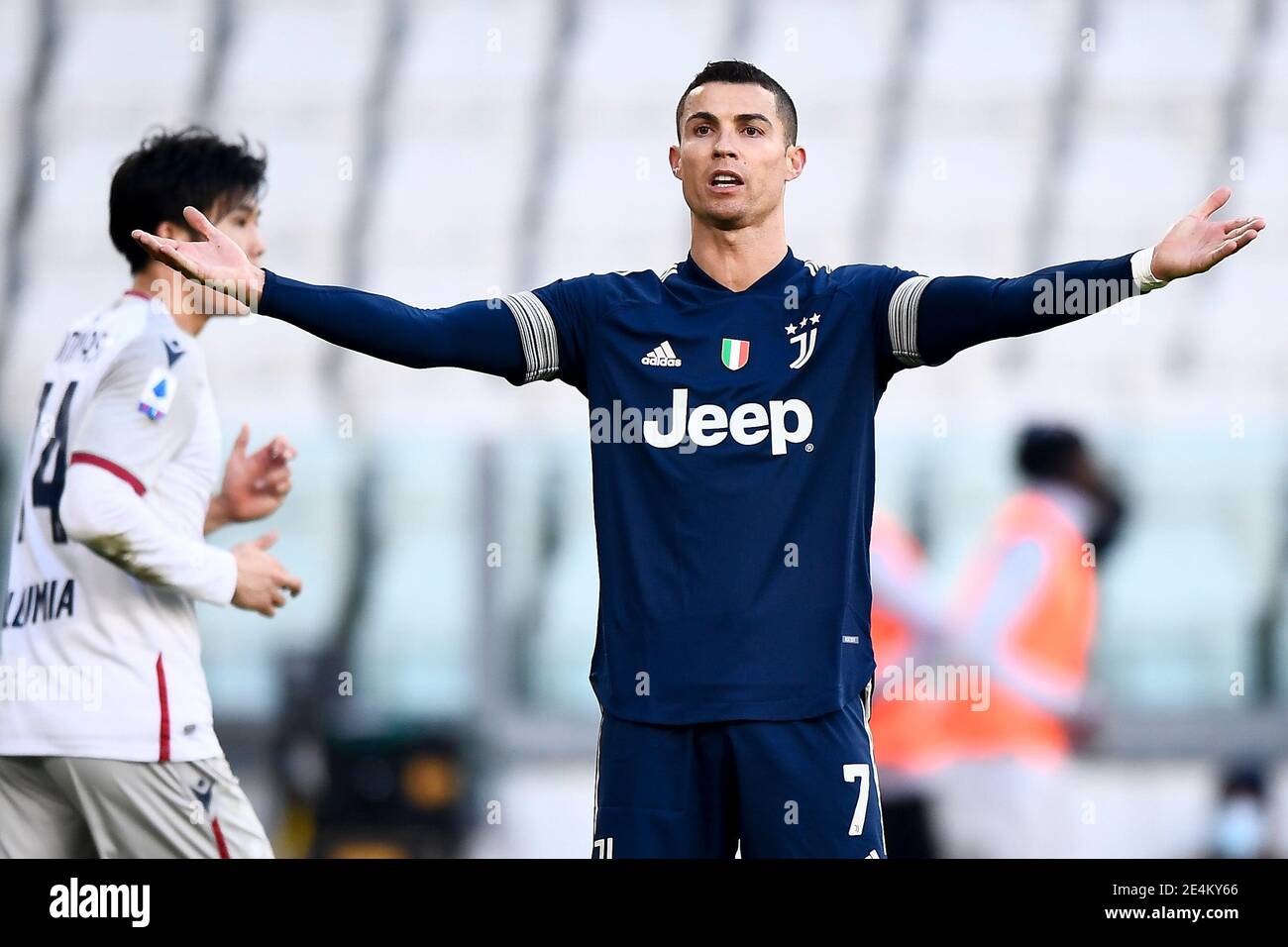 TURIN, ITALIEN - 24. Januar 2021: Cristiano Ronaldo vom FC Juventus reagiert beim Fußballspiel Serie A zwischen FC Juventus und FC Bologna. (Foto von Nicolò Campo/Sipa USA) Stockfoto