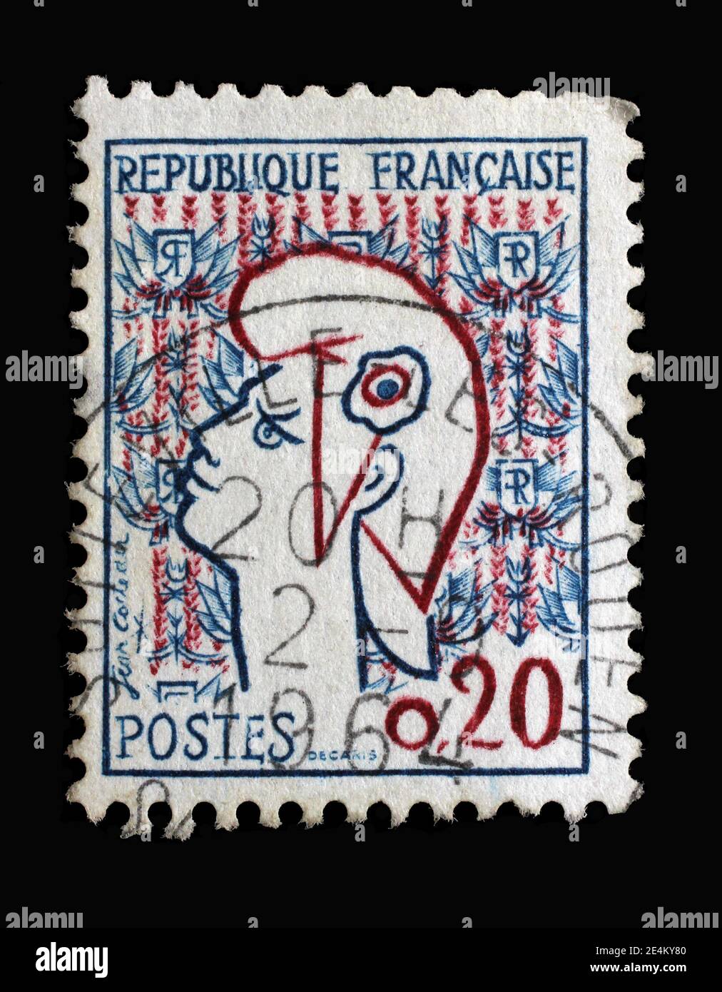 In Frankreich gedruckte Briefmarke zeigt Marianne von Jean Cocteau, um 1961. Stockfoto