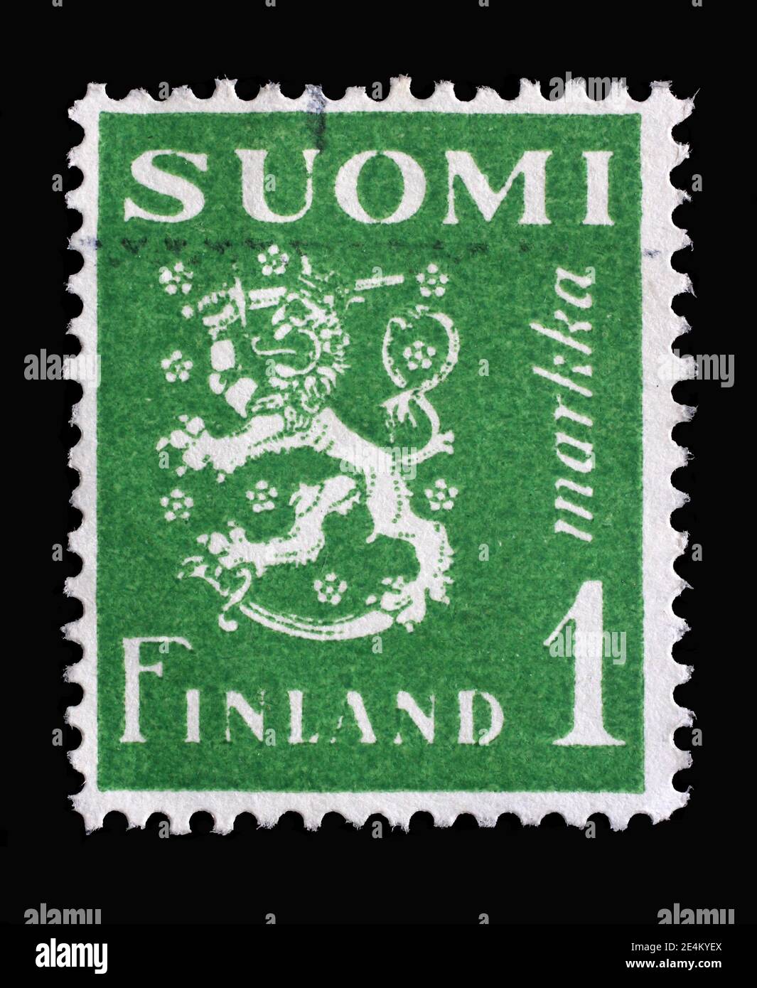Die in Finnland gedruckte Briefmarke zeigt den gekrönten Löwen, Wappen der Republik Finnland, Hammarsten-Jansson Design, um 1942 Stockfoto