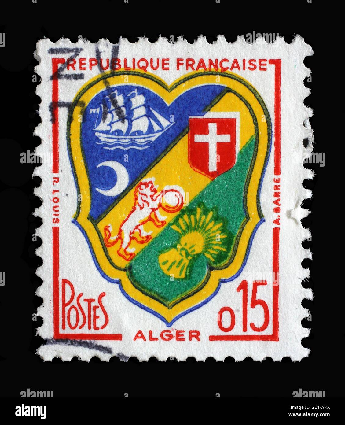Die in Frankreich gedruckte Briefmarke zeigt das Wappen von Algier, um 1960. Stockfoto