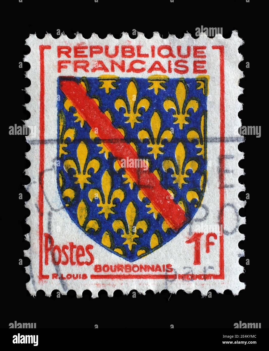Die in Frankreich gedruckte Briefmarke zeigt das Wappen von Bourbonnais, um 1954. Stockfoto