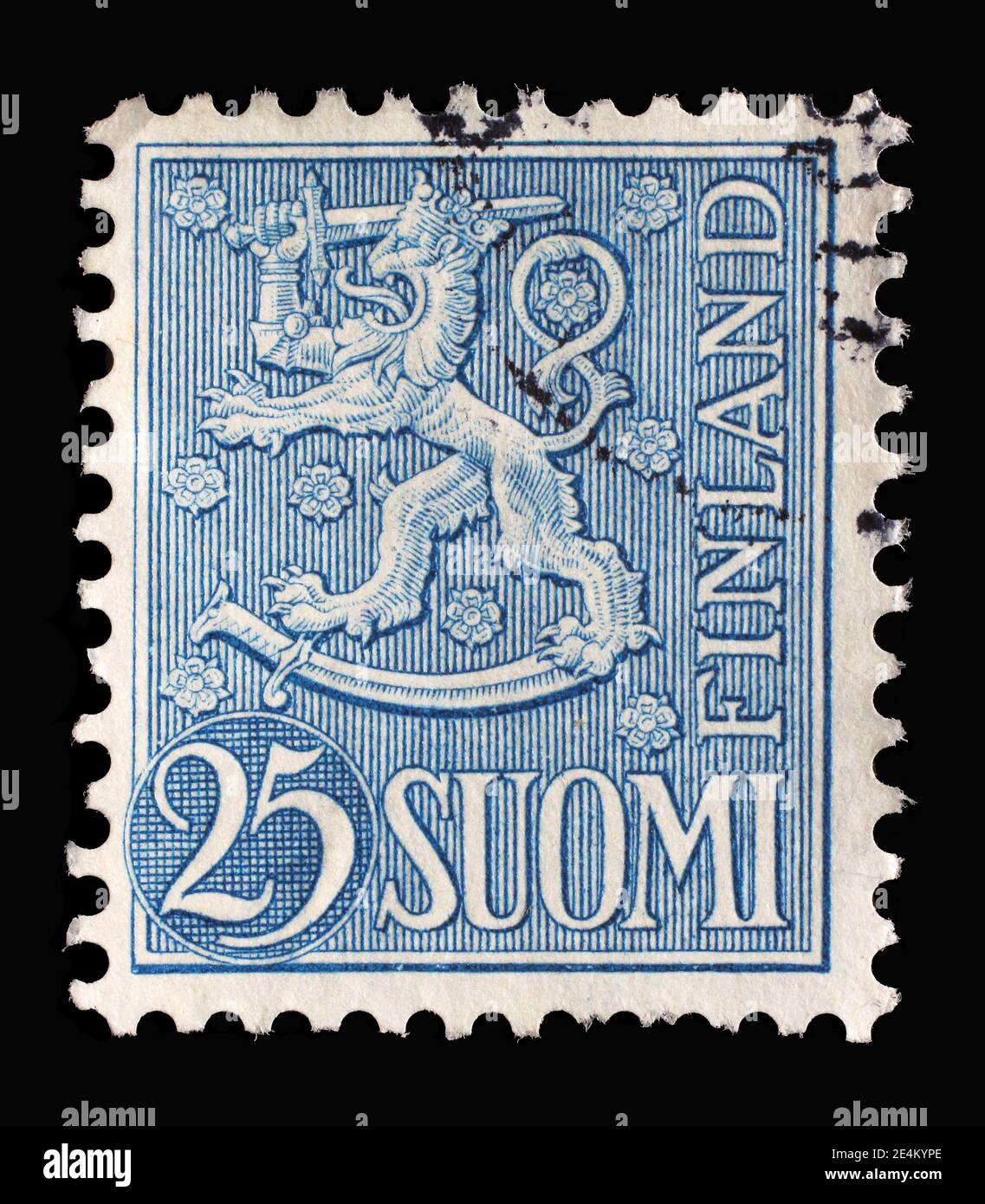 Die in Finnland gedruckte Briefmarke zeigt den gekrönten Löwen, Wappen der Republik Finnland, Hammarsten-Jansson Design, um 1954 Stockfoto