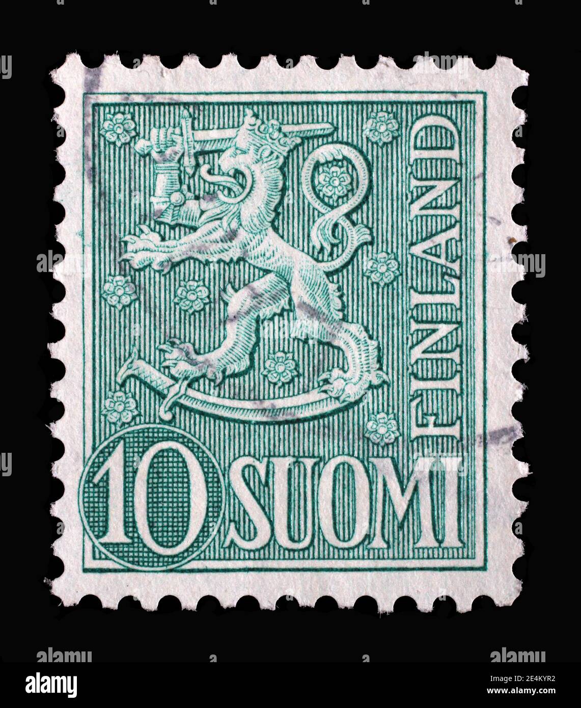 Die in Finnland gedruckte Briefmarke zeigt den gekrönten Löwen, Wappen der Republik Finnland, Hammarsten-Jansson Design, um 1954 Stockfoto