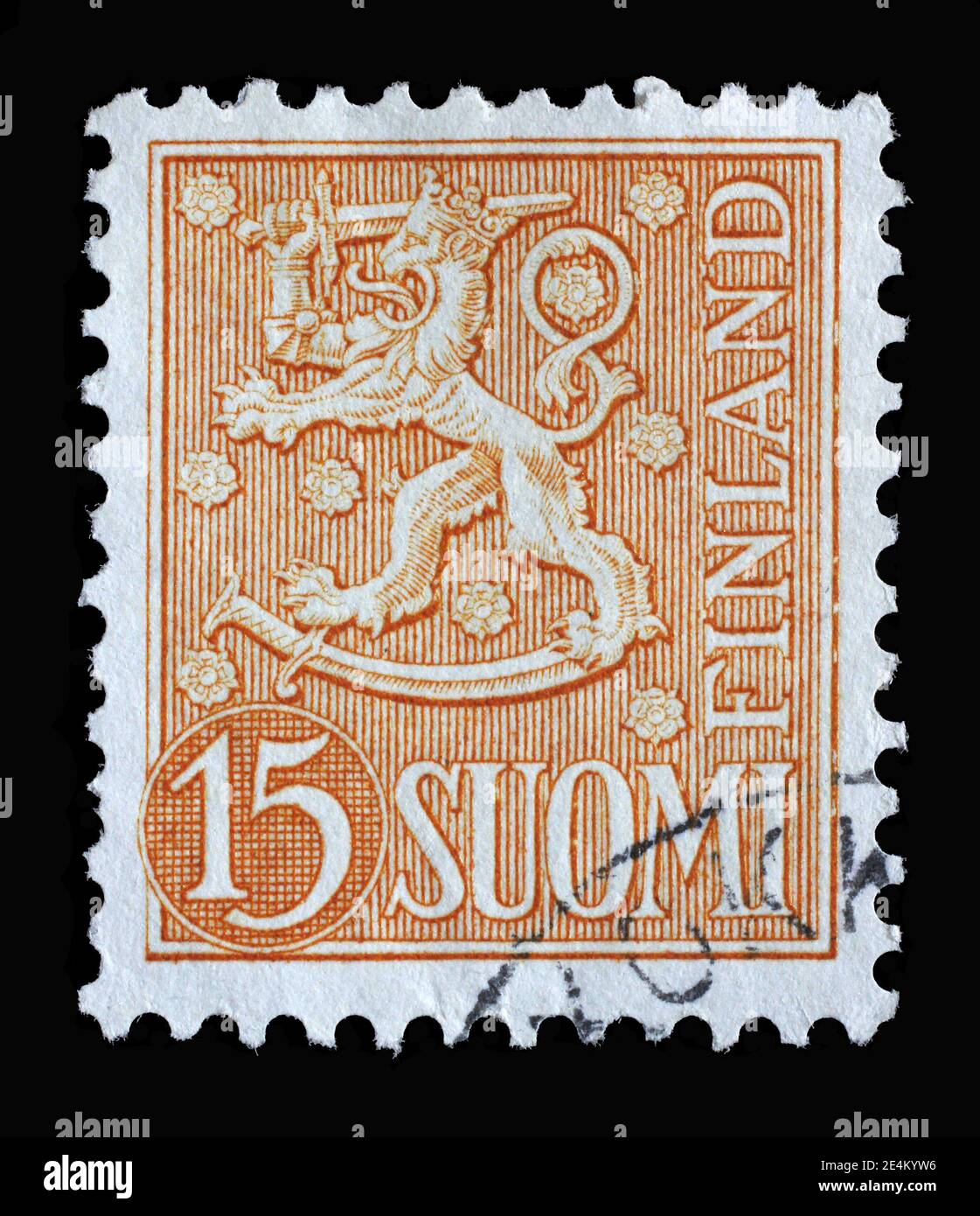 Die in Finnland gedruckte Briefmarke zeigt den gekrönten Löwen, Wappen der Republik Finnland, Hammarsten-Jansson Design, um 1957 Stockfoto