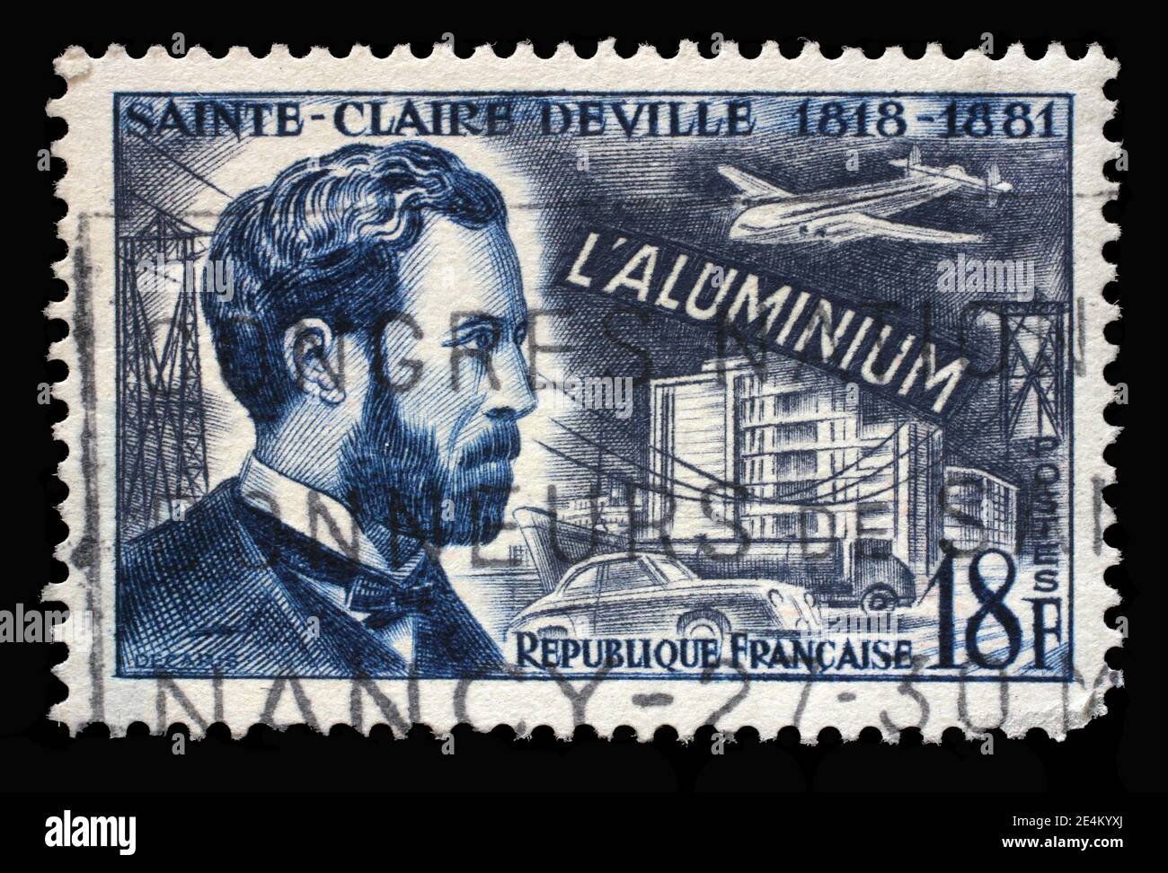 Die in Frankreich gedruckte Briefmarke zeigt Sainte Claire Deville (1818-1881), Serie Erfinder und Forscher, um 1955. Stockfoto