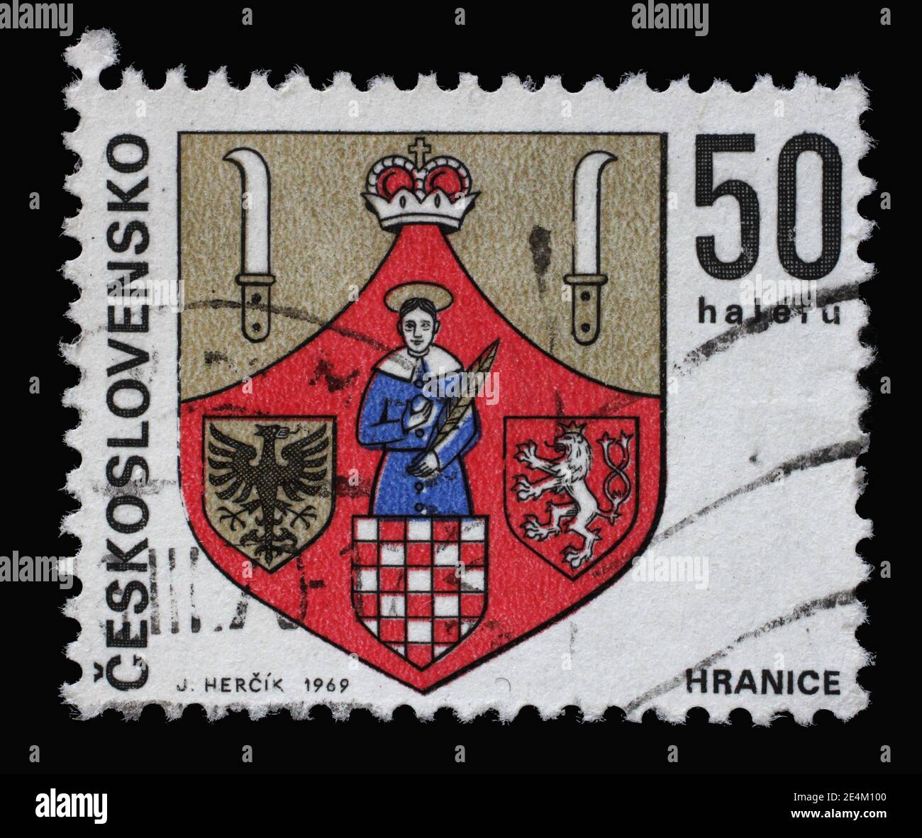 Die in der Tschechoslowakei gedruckte Briefmarke zeigt das Wappen von Hranice, um 1969 Stockfoto
