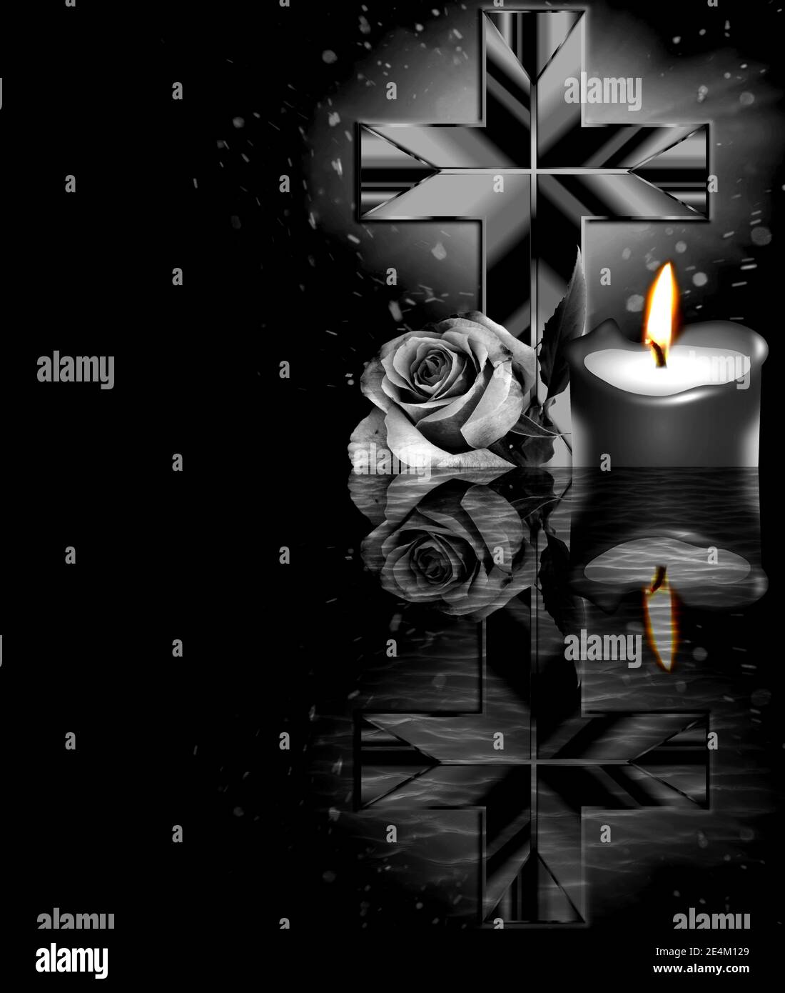 Rose, Kreuz und Kerze auf schwarzem Hintergrund. Kondolenzkarte. Leerer Ort für emotionalen, sentimentalen Text oder Zitat. Stockfoto