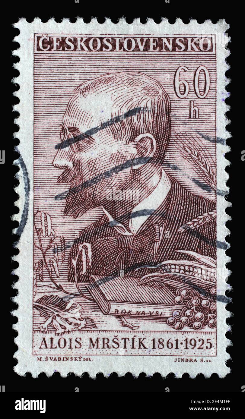 Die in der Tschechoslowakei gedruckte Briefmarke zeigt Alois Mrstik, (1861-1925), Serie Maler, Kultur und Wissenschaft Persönlichkeiten, um 1961 Stockfoto
