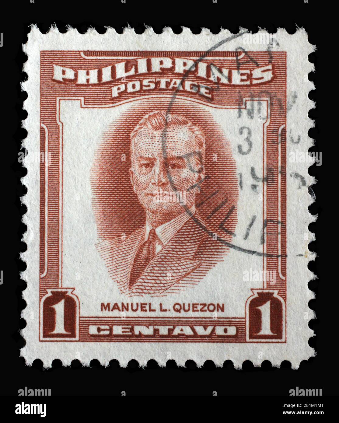 Briefmarke gedruckt auf den Philippinen zeigt Porträt von Manuel Luis Quezon - diente als Präsident des Commonwealth der Philippinen, um 1953 Stockfoto