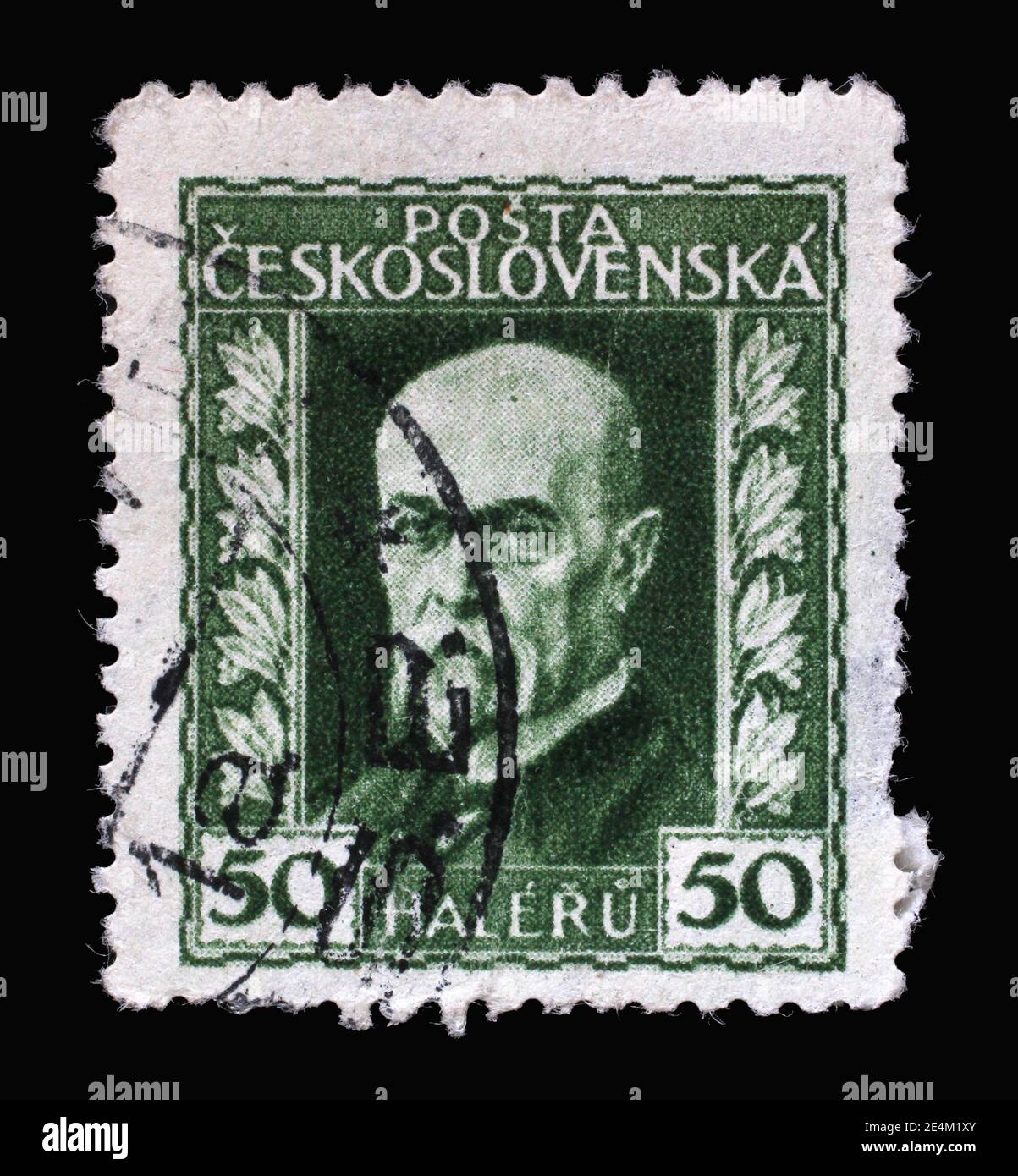 Die in der Tschechoslowakei gedruckte Briefmarke zeigt den ersten Präsidenten der Tschechoslowakei - Thomas Garrigue Masaryk, um 1925 Stockfoto