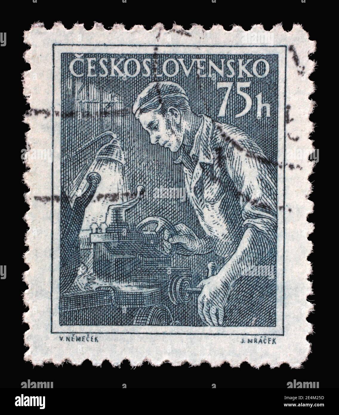 Briefmarke in der Tschechoslowakei zeigt Drehmaschine Betreiber, Berufen Serie, um 1954 Stockfoto