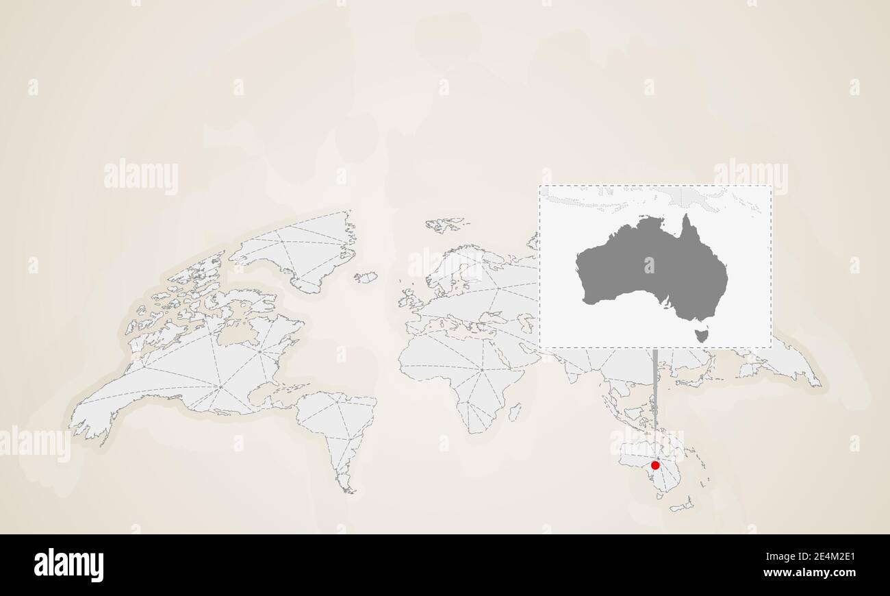 Karte von Australien mit Nachbarländern auf Weltkarte fixiert. Abstrakte Dreiecke Weltkarte. Stock Vektor