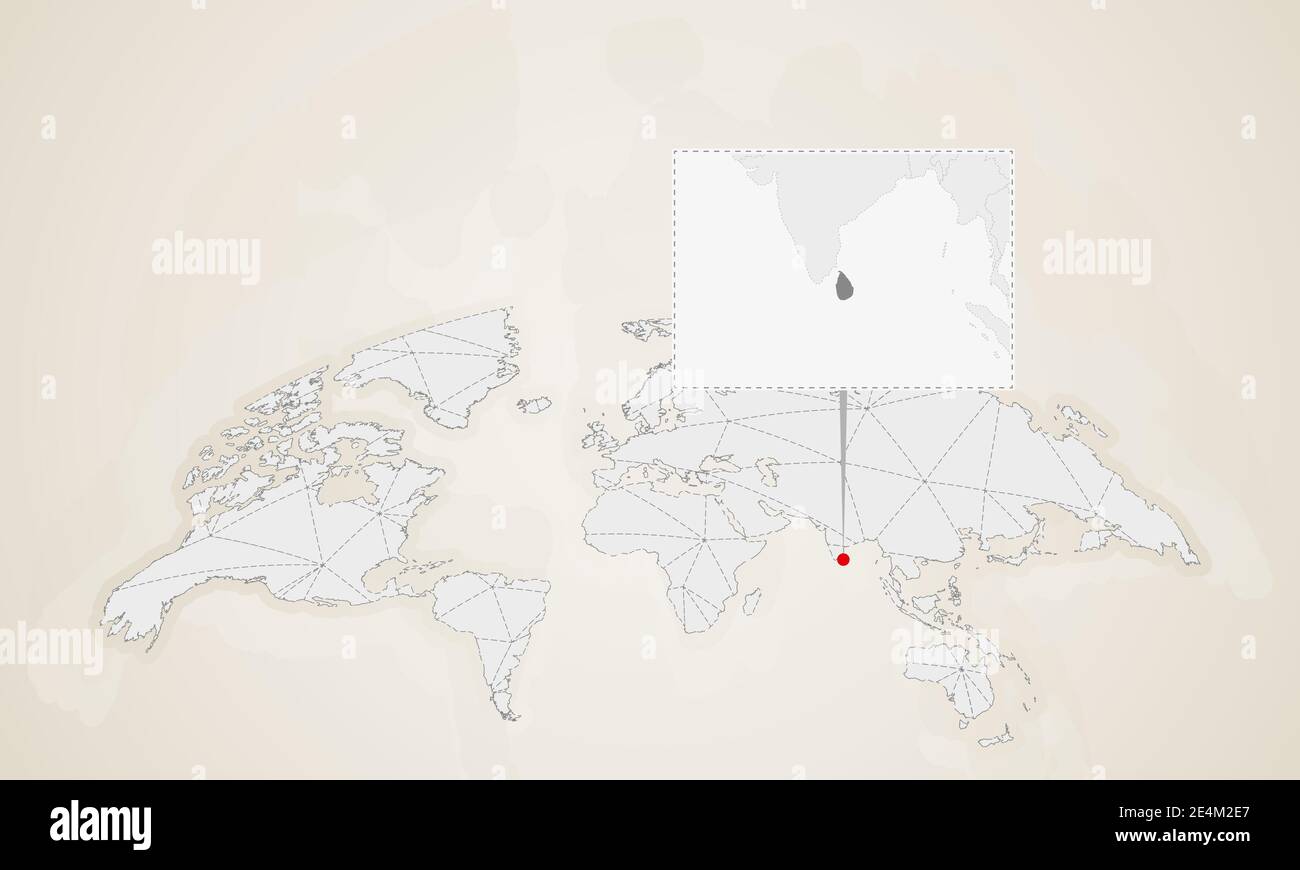 Karte von Sri Lanka mit Nachbarländern auf Weltkarte fixiert. Abstrakte Dreiecke Weltkarte. Stock Vektor
