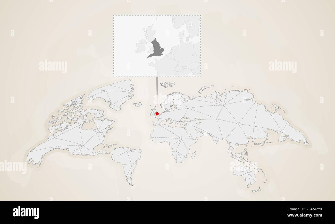 Karte von England mit Nachbarländern auf Weltkarte fixiert. Abstrakte Dreiecke Weltkarte. Stock Vektor