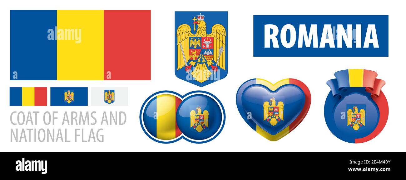 Vektor-Set des Wappens und der Nationalflagge Von Rumänien Stock Vektor