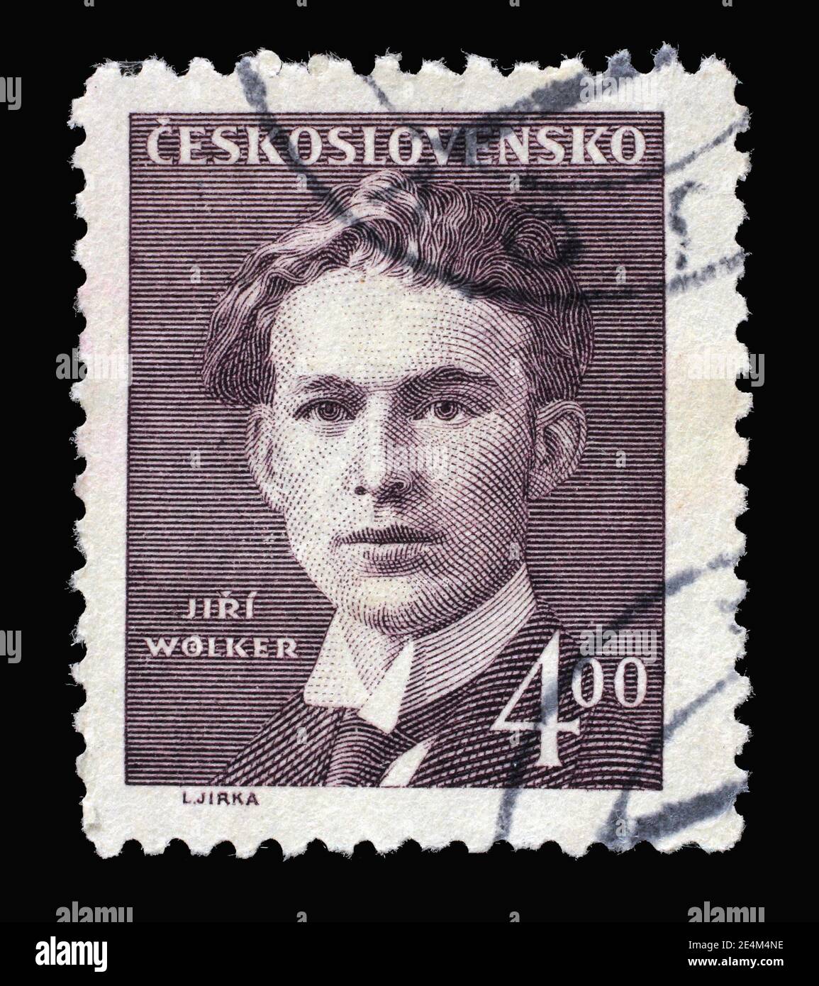 Die in der Tschechoslowakei gedruckte Briefmarke zeigt Jiri Wolker, Dichter, die Serie die kulturellen und politischen Persönlichkeiten, um 1949 Stockfoto