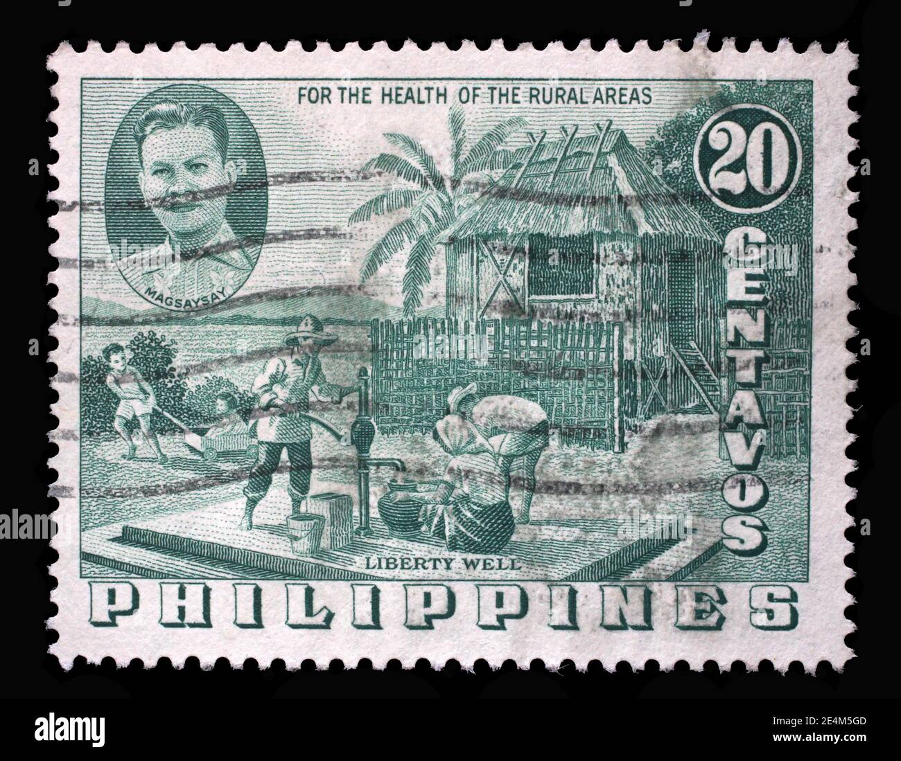 Stempel gedruckt auf den Philippinen zeigt Wasserpumpe, Serie Healthiness von den Bauern, um 1956 Stockfoto