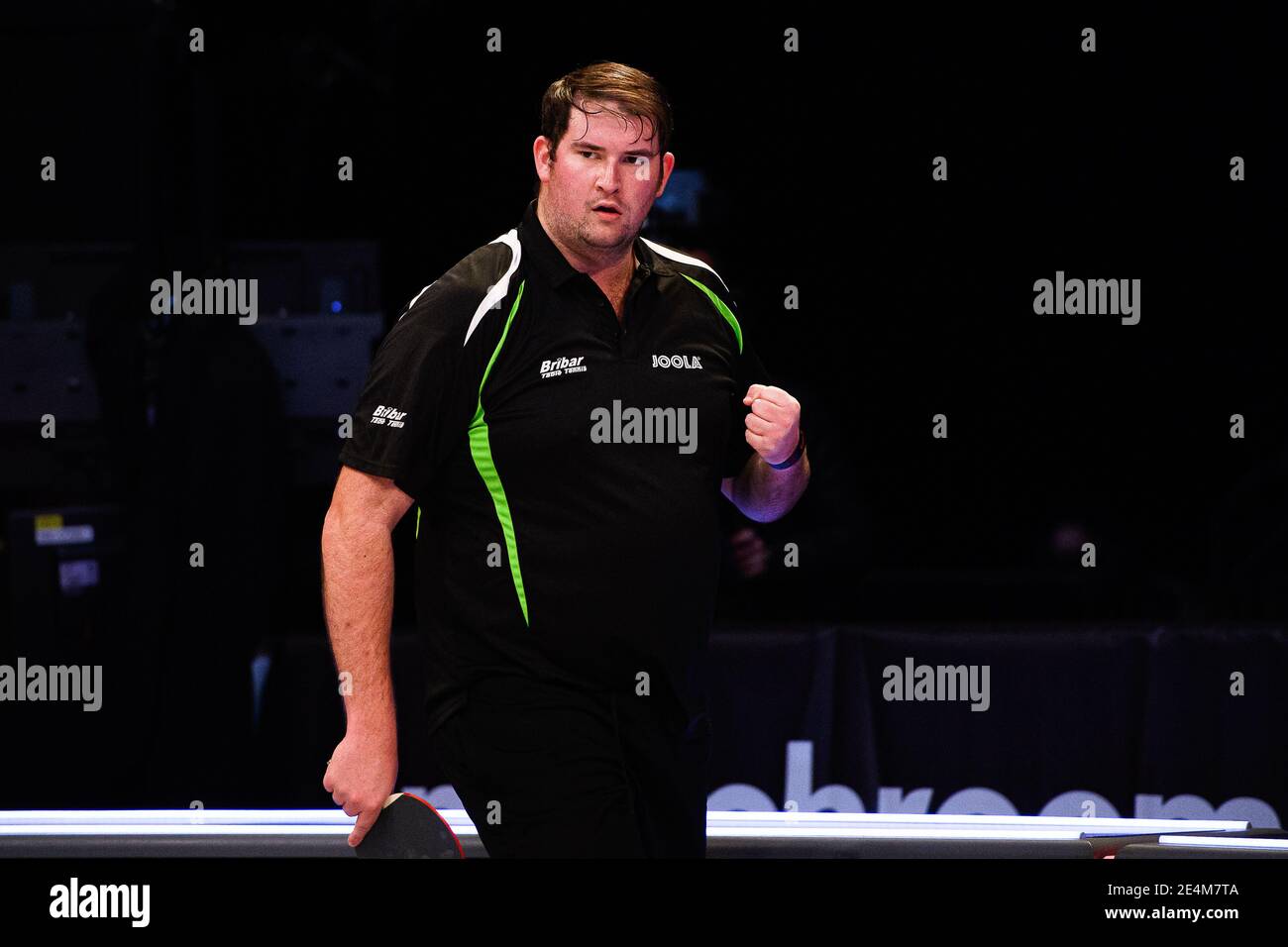 COVENTRY, GROSSBRITANNIEN. Januar 2021. Chris Doran (eng) gegen Benjamin Sorensen (DEN) während der 2021 World Ping Pong Masters in der Ricoh Arena am Sonntag, 24. Januar 2021 in COVENTRY, ENGLAND. Kredit: Taka G Wu/Alamy Live Nachrichten Stockfoto