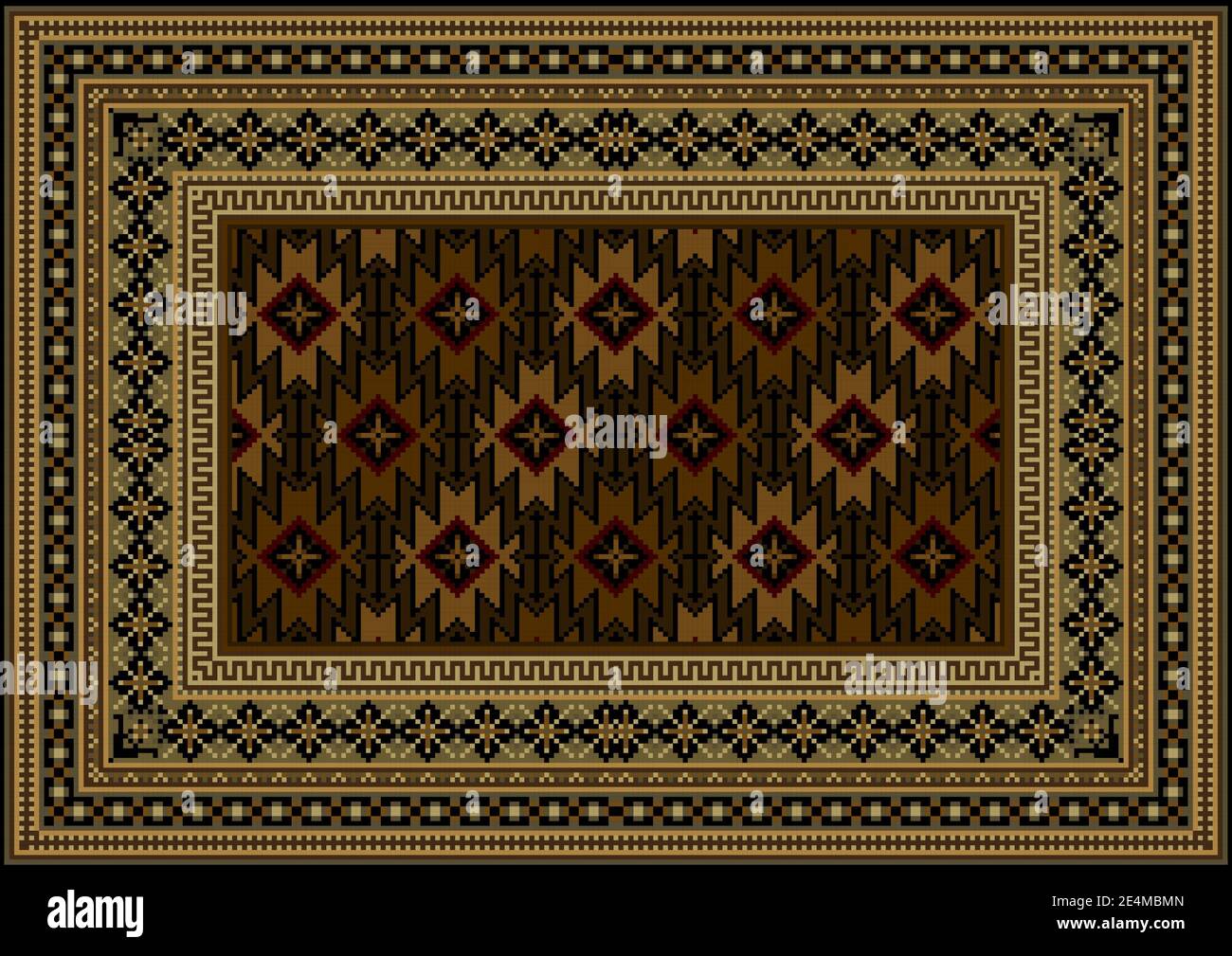 Luxuriöser Vintage Teppich mit orientalischen Ornamenten in Brauntönen mit Beige- und burgunderrote Muster auf schwarzem Hintergrund Stockfoto