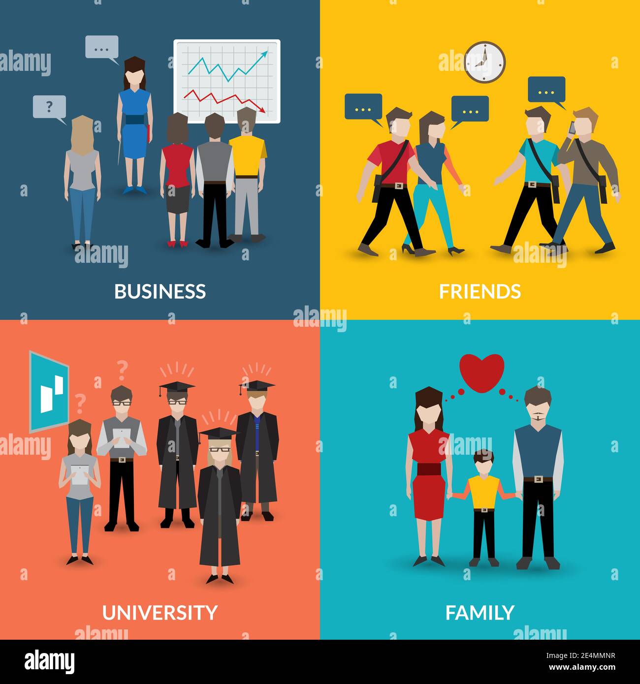 Menschen soziales Verhalten Kommunikationsmuster vier flache Symbole Zusammensetzung für universität Geschäft Familie Haus Situation Vektor Illustration Stock Vektor