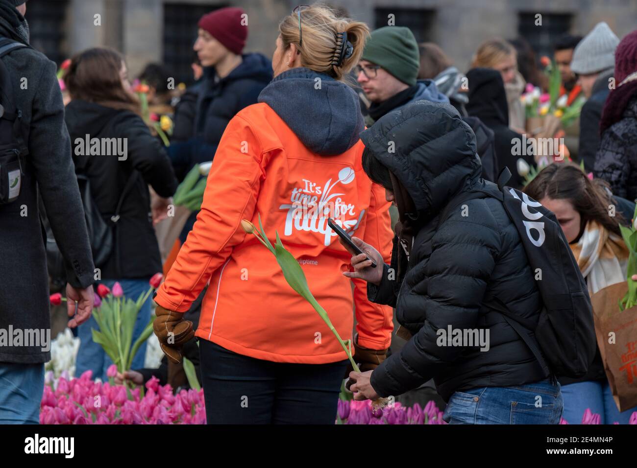Rückseite Werbung Jacke Auf Tulpen Tag In Amsterdam Die Niederlande 18-1-2020 Stockfoto