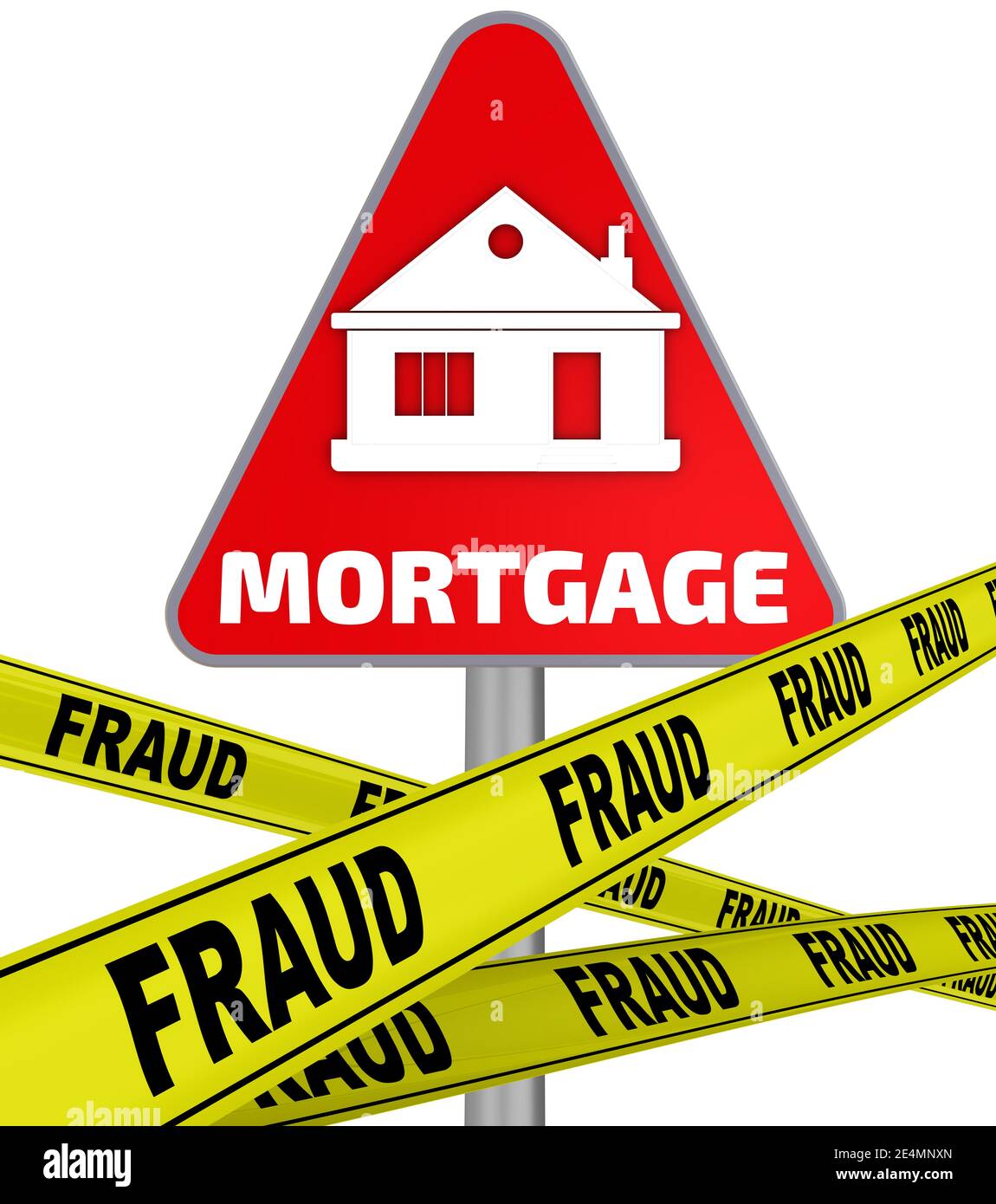 Hypothekendarlehenbetrug. Gelbe Warnbänder mit dem Wort BETRUG über einem roten Straßenschild mit einem weißen Haus Symbol und das Wort HYPOTHEK. Stockfoto