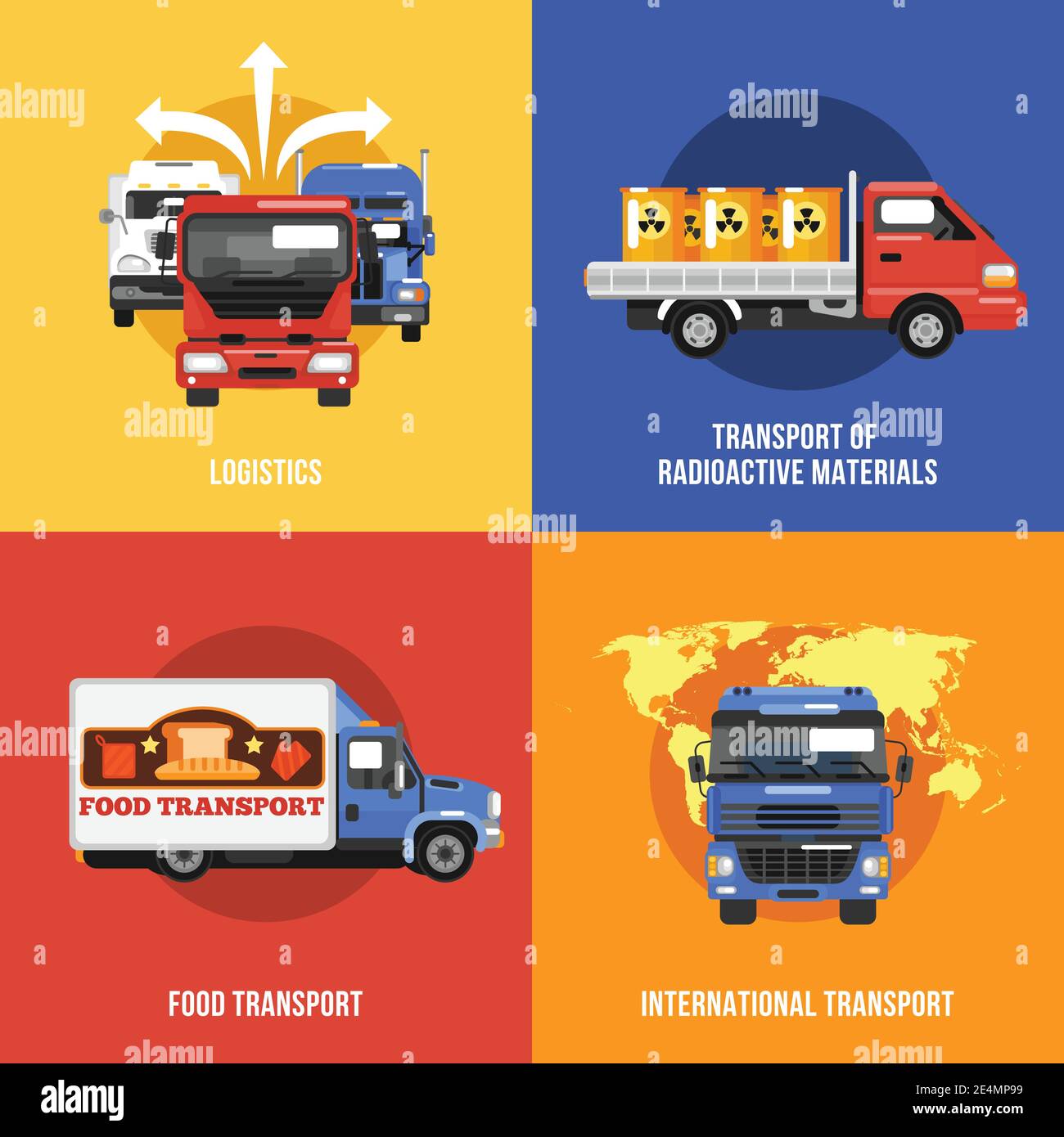 Truck Icons Flat Set mit Logistik radioaktive Materialien Lebensmittel international Isolierte Vektordarstellung transportieren Stock Vektor