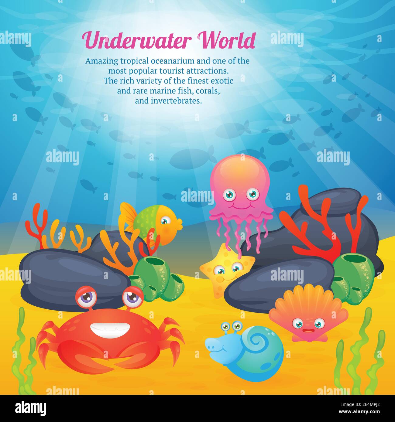 Exotische Unterwasserwelt tropischen Ozeanarium Cartoon Kreaturen niedlichen Stern Fische Korallen Tiere Werbung Poster abstrakt Vektor Illustration. Stock Vektor