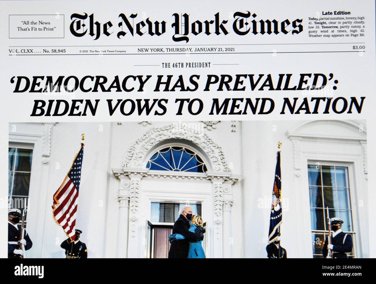 Die Titelseite der New York Times nach der Amtseinführung von Joe Biden als US-Präsident. Stockfoto
