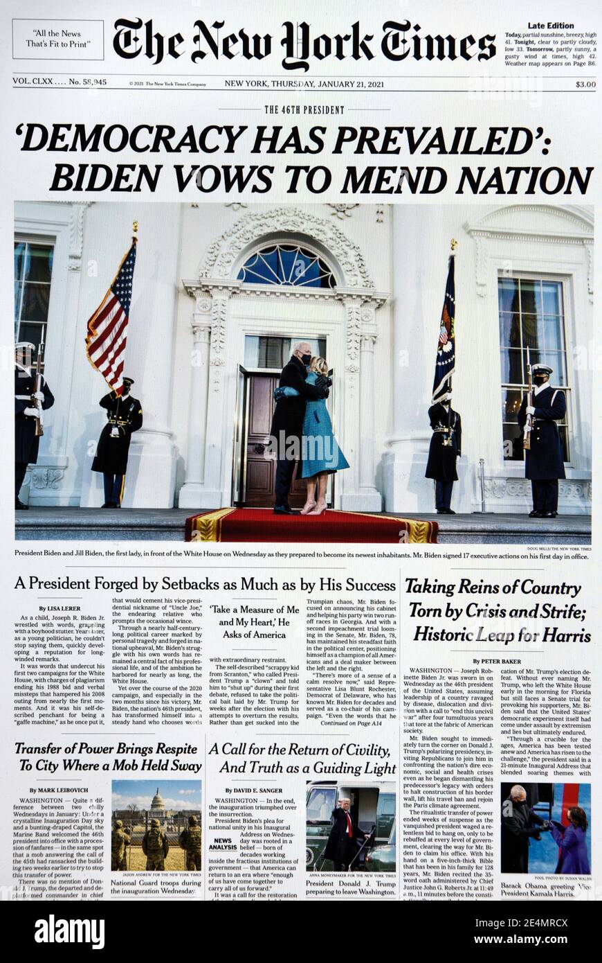 Die Titelseite der New York Times nach der Amtseinführung von Joe Biden als US-Präsident. Stockfoto