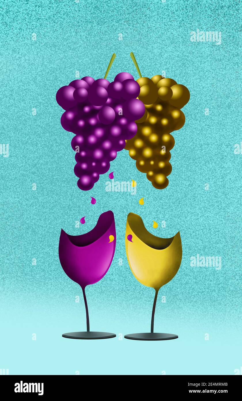 Rot- und Weißwein wird mit roten und weißen Trauben dargestellt, die Saft in Weingläser Tropfen, die das Aussehen eines Gesichts haben. Stockfoto