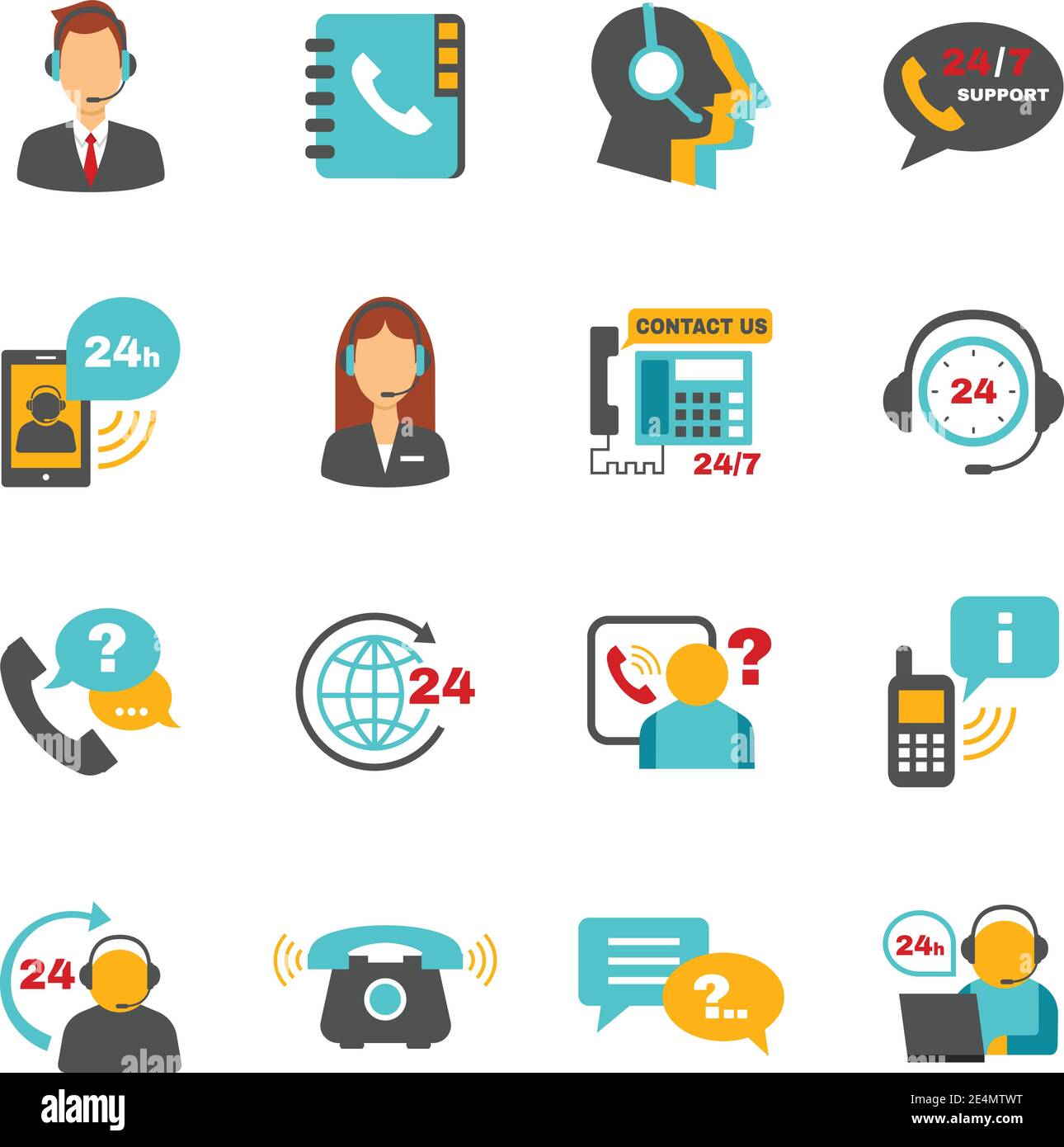 Kontaktieren Sie uns 24h Support Call Center Service Flat Icons Set Mit Operator-Kopfhörer abstrakte Vektor isolierte Illustration Stock Vektor