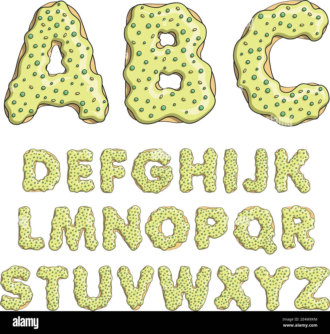 Alphabet Cartoon Buchstaben Schriftart süß Donut Stil mit Süßigkeiten. Isolierte Vektorobjekte auf weißem Hintergrund. Stock Vektor