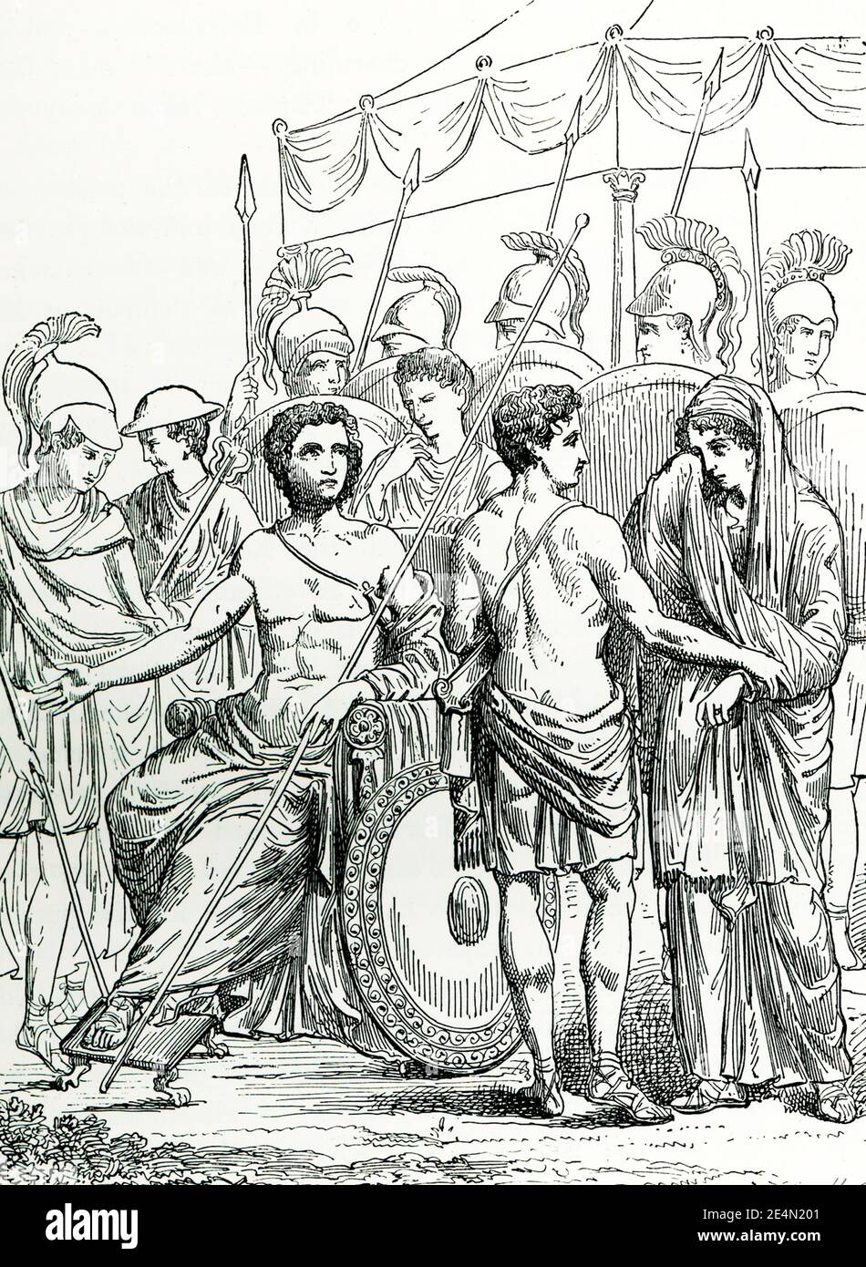 Briseis wurde Achilles von einem Wandgemälde in Pompeji weggenommen. Achilles, umgeben von Myrmidons schaut auf Jugendliche Briseis, die in von Patroclus geführt wird Stockfoto