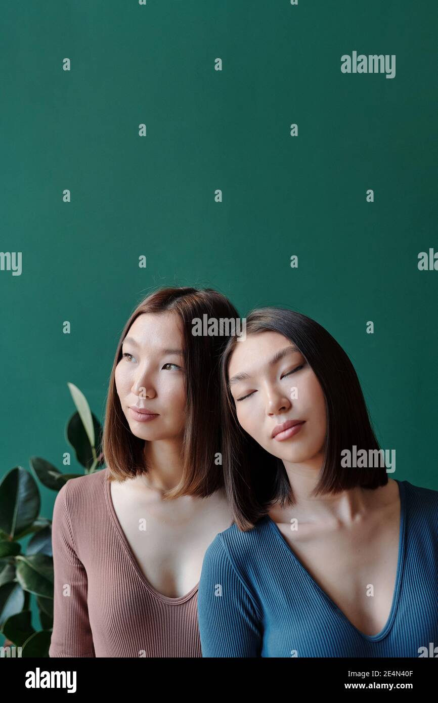 Junge wunderschöne Zwillingsschwestern der asiatischen Ethnie mit dunkel glatt Haare entspannen vor der Kamera gegen häusliche Anlage und jade grüne Wand Stockfoto