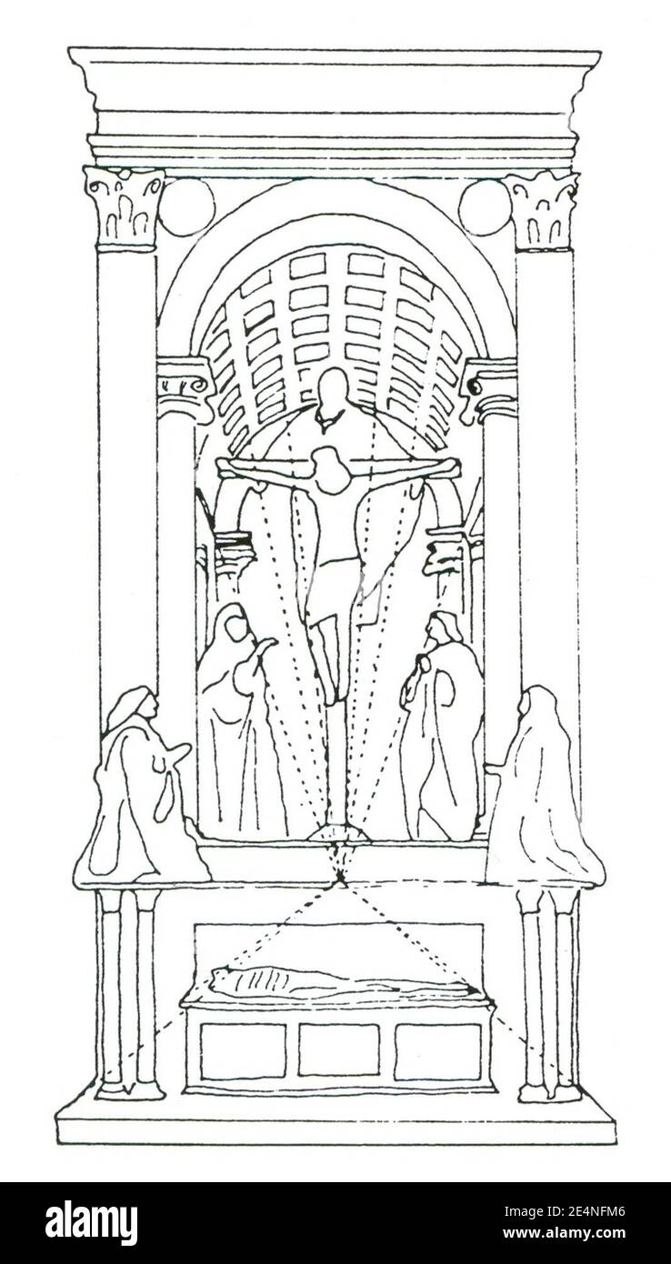 Masaccio. Dreifaltigkeit. Schema der linearen Perspektive. 1. Trinity. Schema der linearen Perspektive.. Stockfoto