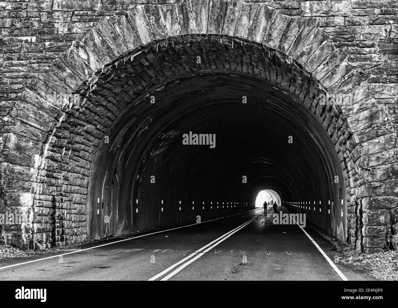 Straßenlinien führen in einen kreisförmigen Tunnel auf dem Blue Ridge Parway in der Nähe von Asheville, NC, USA Stockfoto