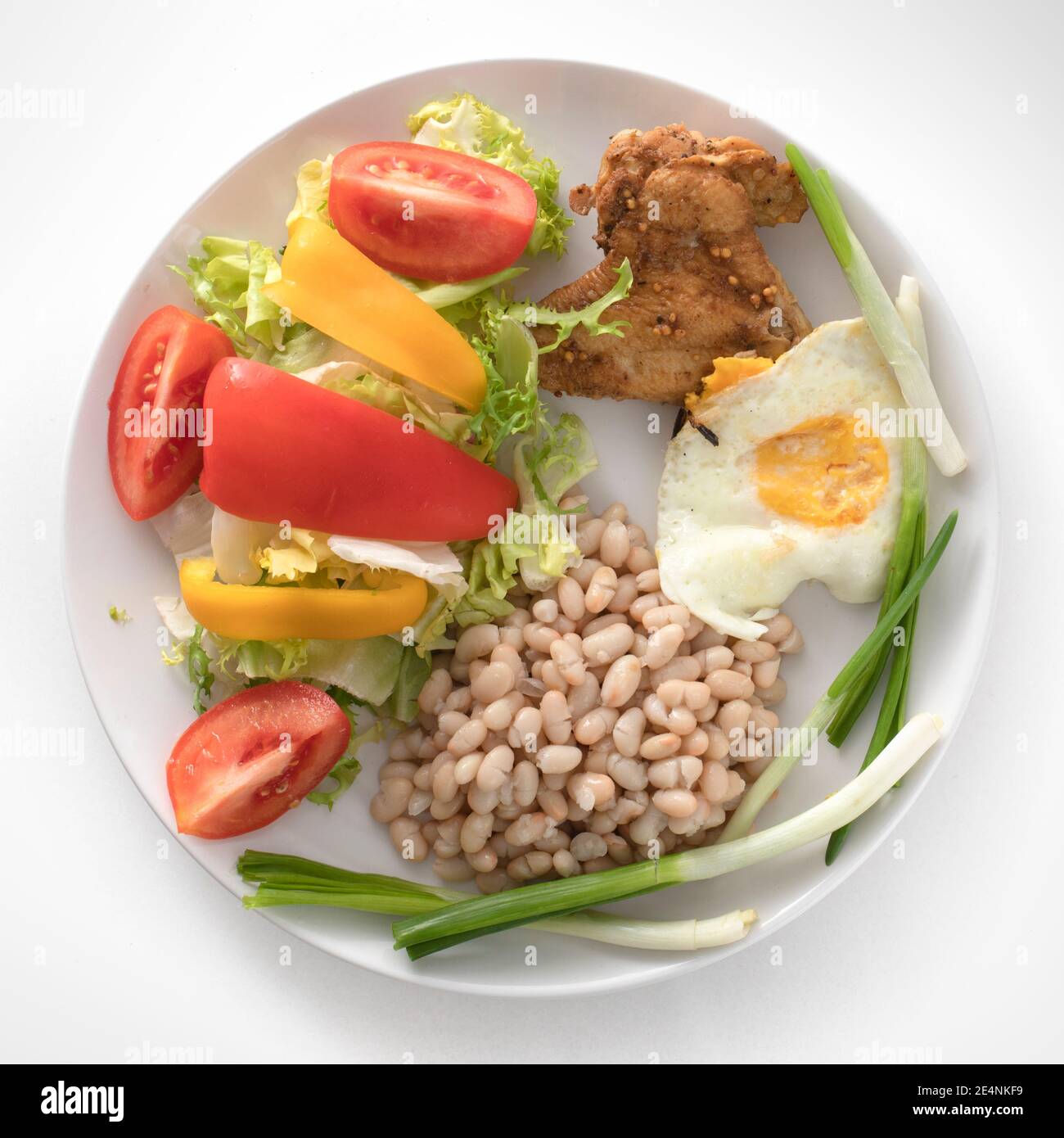 Ein Teller mit einem gesunden Frühstück. Bohnen, gebratene Hähnchenflügel. Stockfoto