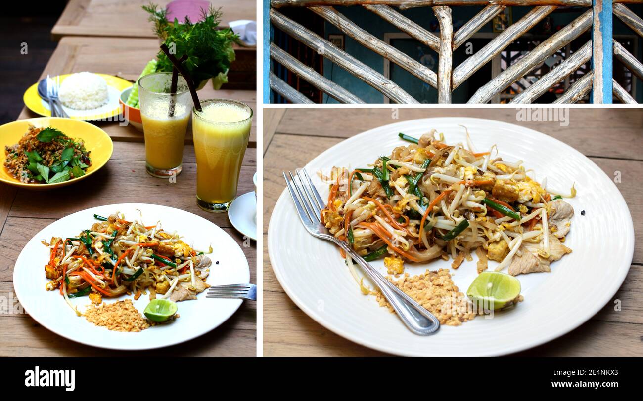 Komposition aus drei Bildern mit gesunder Thai-Mahlzeit mit Pad Thai-Gericht und Gläsern mit Fruchtsaft. Stockfoto