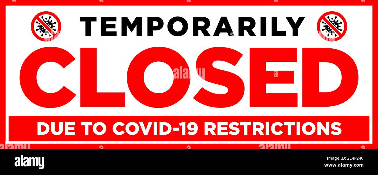 Informationswarnschild Büro ist vorübergehend durch die Coronavirus Quarantänemaßnahmen an öffentlichen Orten geschlossen. Einschränkungen und Vorsicht COVID-19. Abb. Stock Vektor