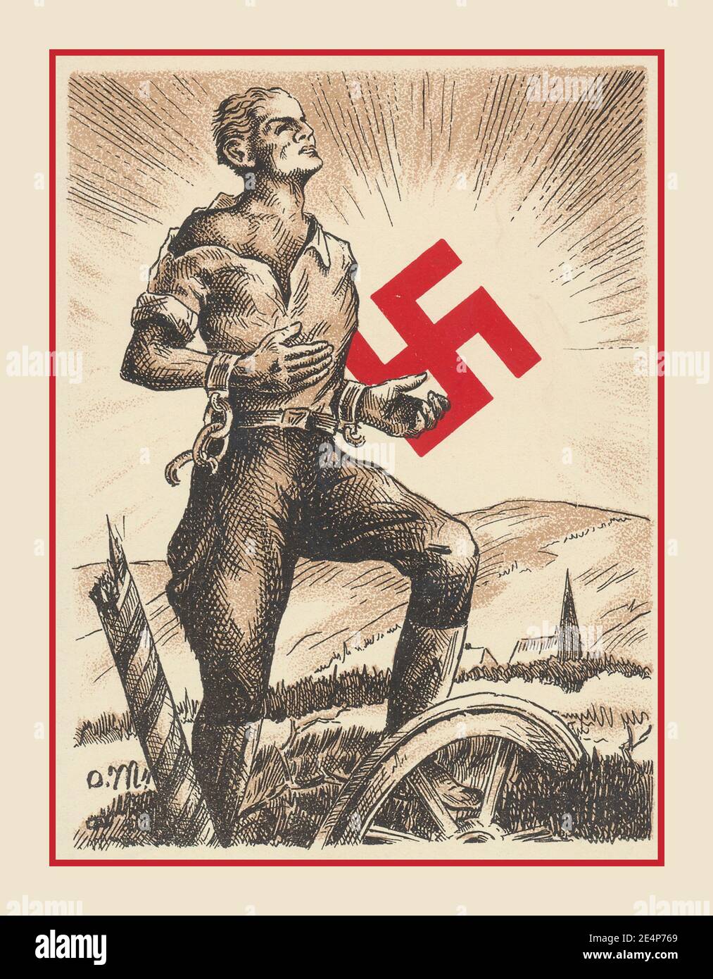 "ENDLICH FREI" Nazi-Propaganda 1938. Sudetenland Nazi 'Befreiung' Plakatkarte für die erzwungene Annexion der Tschechoslowakei 1938 in Großdeutschland. Die Tschechen waren frei zu kämpfen, wenn sie wollten, aber sie hätten keine Unterstützung. Sie entschieden sich nicht zu kämpfen. Im Oktober 1938 marschierte Hitler unangefochten ins Sudetenland. Er sagte, es sei der Beginn des großen Deutschen Reiches und erklärte: ‘so beginnen wir unseren marsch in die große deutsche Zukunft. .“ Hakenkreuz Emblem als leuchtende aufgehende Sonne für glühende Zukunft ! Vom Künstler O. Mulling und herausgegeben von der Graphischen Kunstanstalt Pietschmann, Teplitz- Stockfoto "ENDLICH FREI" Nazi-Propaganda 1938. Sudetenland Nazi 'Befreiung' Plakatkarte für die erzwungene Annexion der Tschechoslowakei 1938 in Großdeutschland. Die Tschechen waren frei zu kämpfen, wenn sie wollten, aber sie hätten keine Unterstützung. Sie entschieden sich nicht zu kämpfen. Im Oktober 1938 marschierte Hitler unangefochten ins Sudetenland. Er sagte, es sei der Beginn des großen Deutschen Reiches und erklärte: ‘so beginnen wir unseren marsch in die große deutsche Zukunft. .“ Hakenkreuz Emblem als leuchtende aufgehende Sonne für glühende Zukunft ! Vom Künstler O. Mulling und herausgegeben von der Graphischen Kunstanstalt Pietschmann, Teplitz- Stockfoto