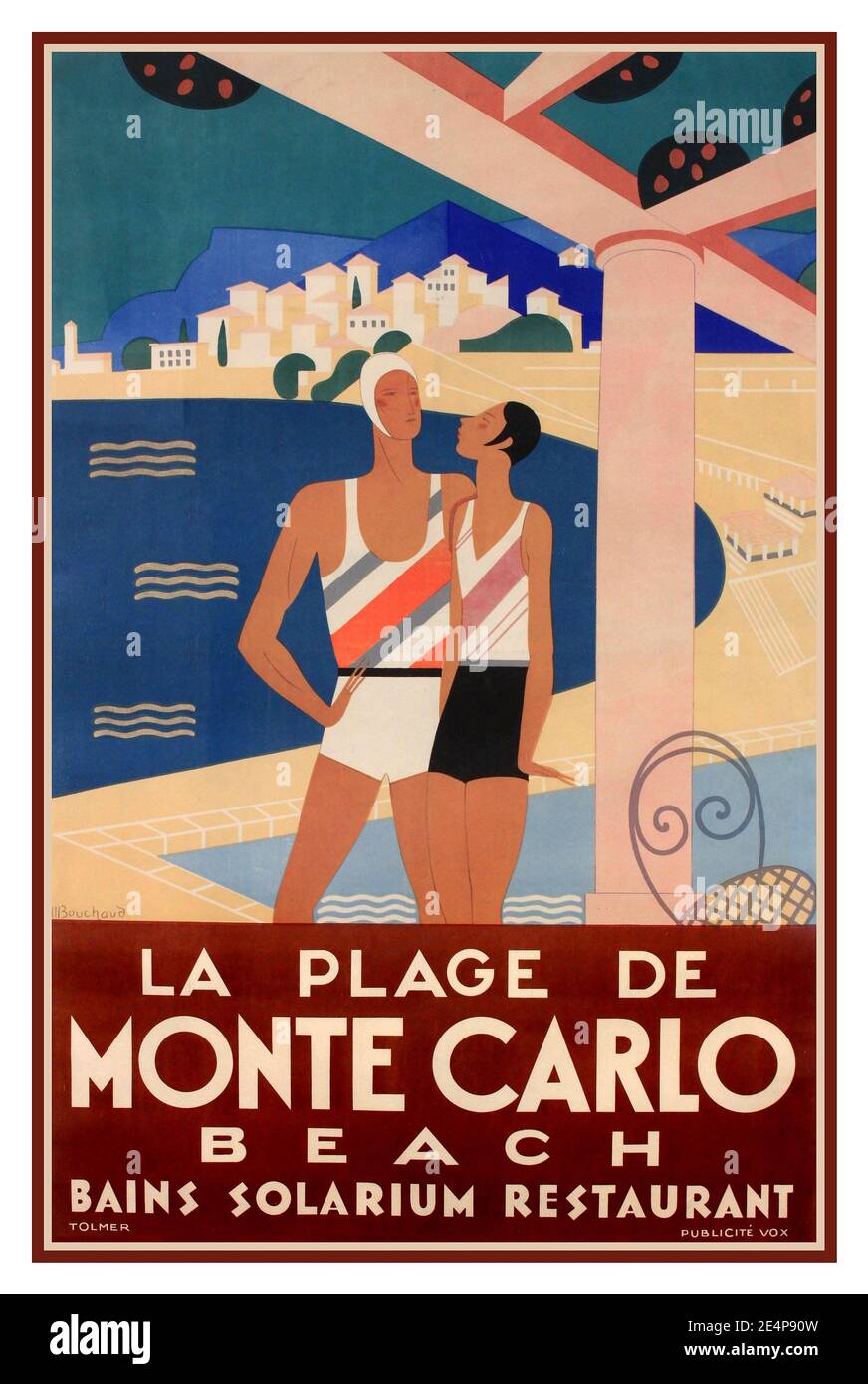 Monte Carlo 1930er Jahre Vintage Travel Poster Michel Bouchaud (1902-1965) 'La Plage de Monte Carlo', STRAND BAINS SOLARIUM RESTAURANT Poster gedruckt von Tolmer Publicite Vox 1930 Stockfoto