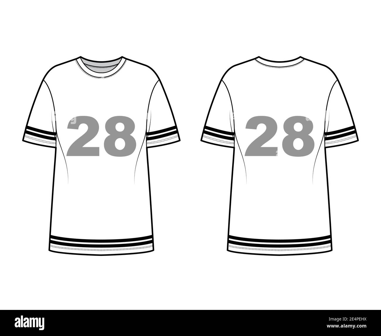 T-Shirt American Football technische Mode Illustration mit Raglan kurzen Ärmeln, Tunika Länge, Rundhalsausschnitt, überdimensioniert. Flat top outwear Schablone vorne, hinten, weiß. Frauen Männer Unisex CAD mockup Stock Vektor