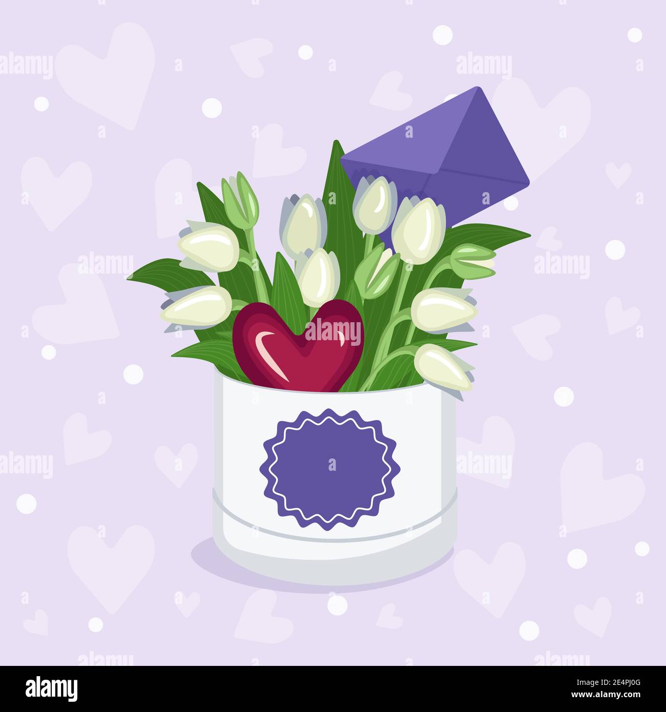 Box mit lila Tulpen für Valentinstag, Frauentag, Muttertag Stock Vektor