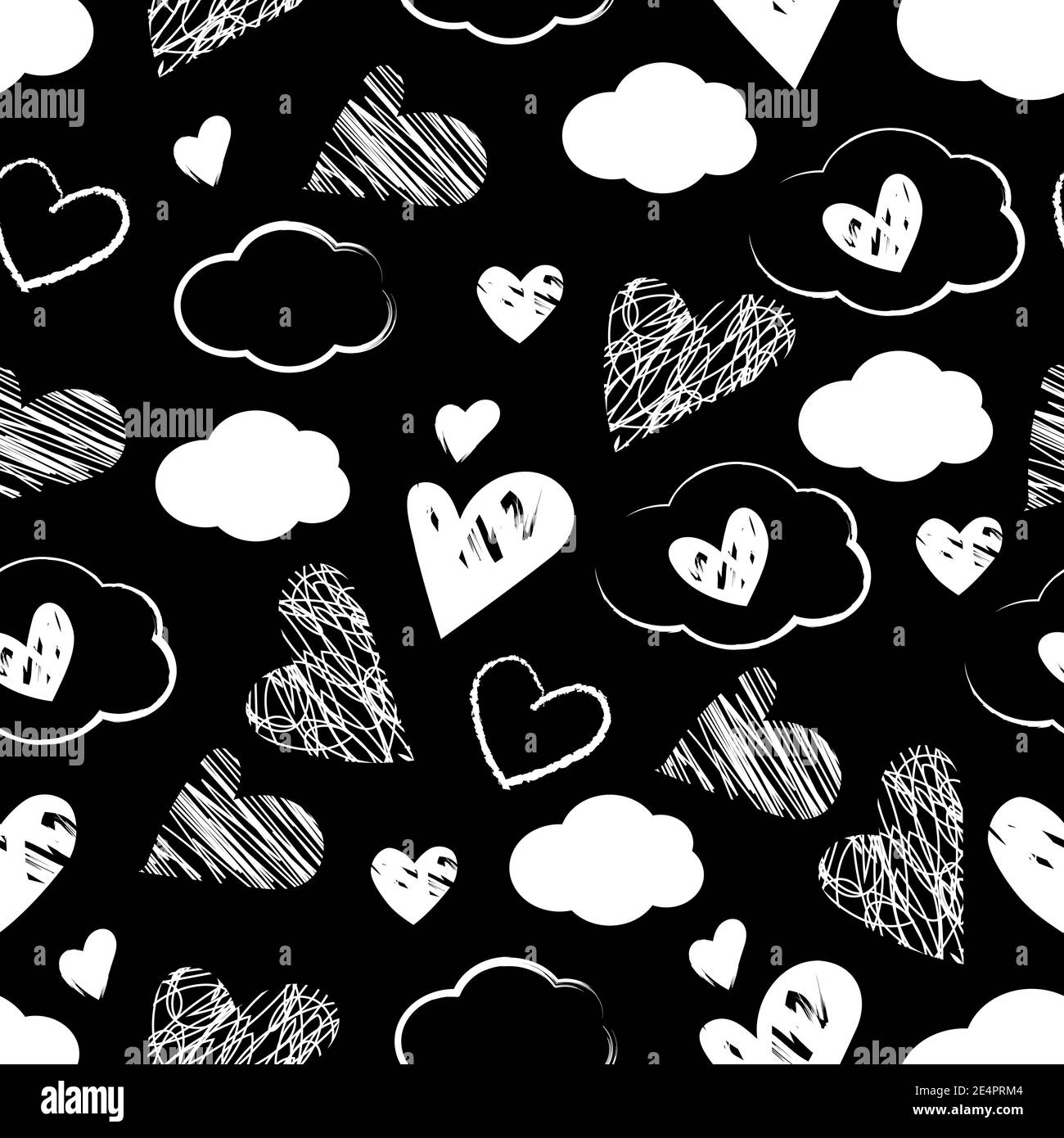 Nahtloses Muster aus weißen Herzen und Wolken auf einem schwarzen Hintergrund Stock Vektor