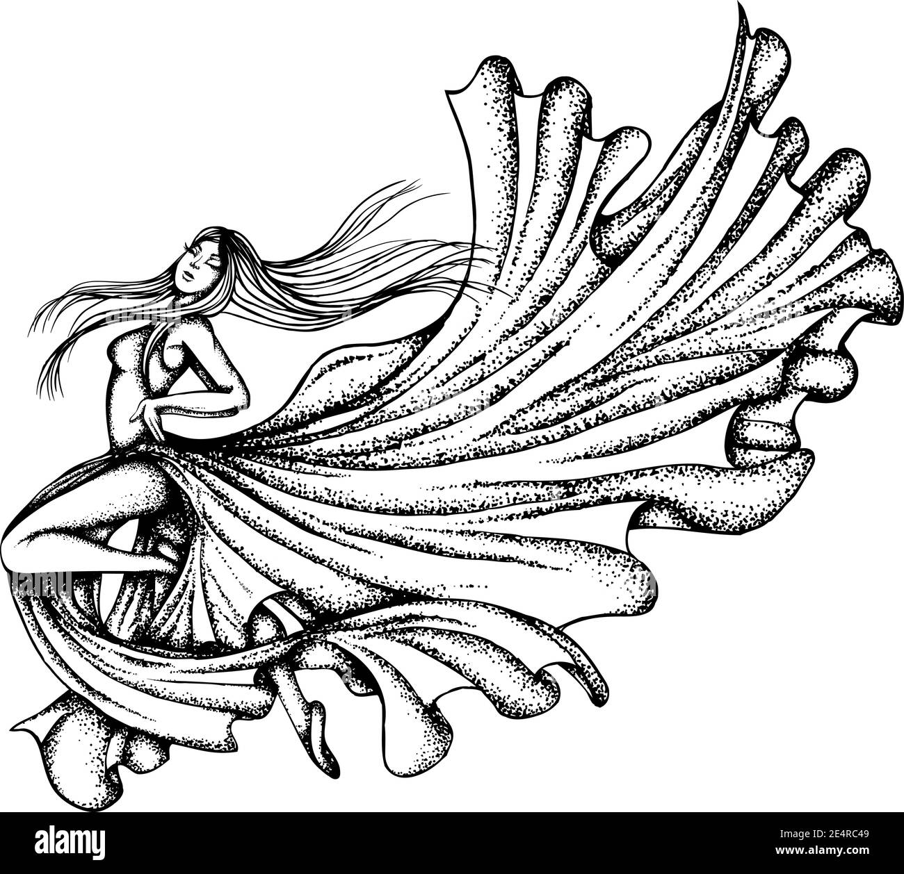 Dancing modernen Tanz Mädchen in einem langen fließenden Kleid. Vektor handgezeichnete Illustration. Monochrome Zeichnung isoliert auf weißem Hintergrund Stock Vektor