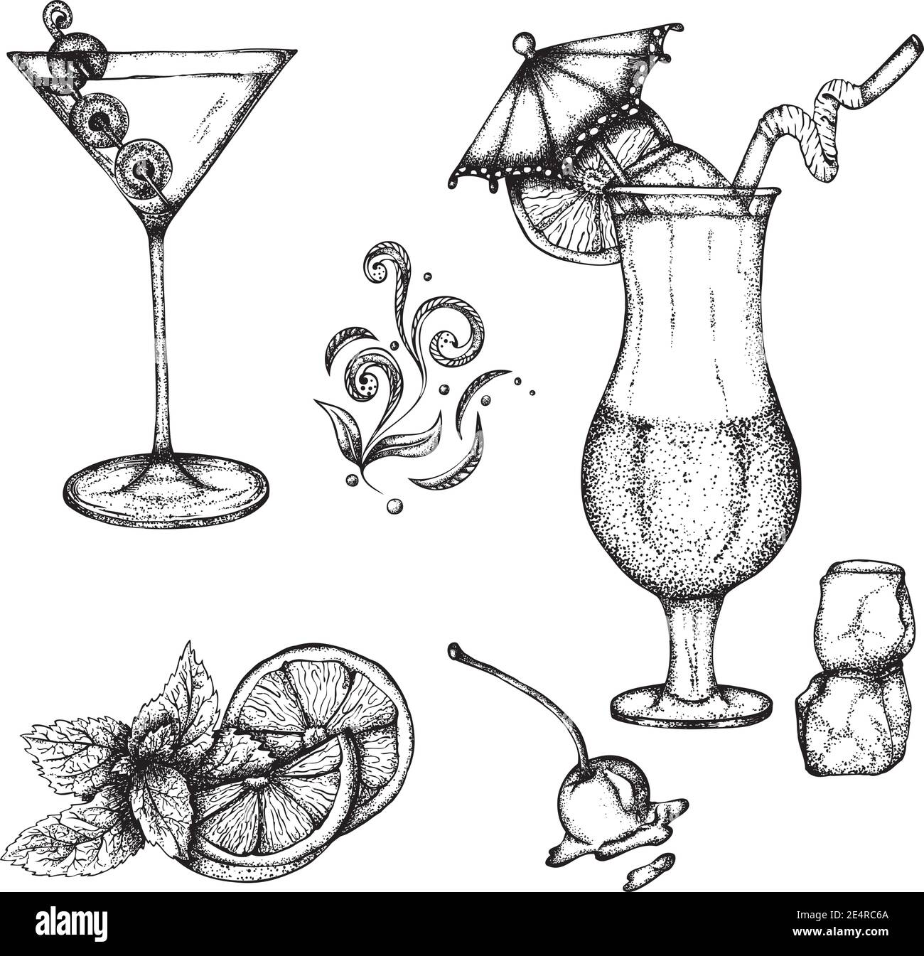 Set mit alkoholischen Getränken Martinis und exotischen Cocktails mit einem Regenschirm dekoriert. Vektor handgezeichnete Illustration. Monochrome Zeichnung isoliert auf weißem Hintergrund Stock Vektor