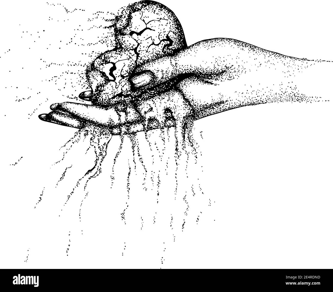 Ein verbranntes, zerbröckelndes Herz in einer Frauenhand. Vektor handgezeichnete Illustration. Monochrome Zeichnung isoliert auf weißem Hintergrund Stock Vektor